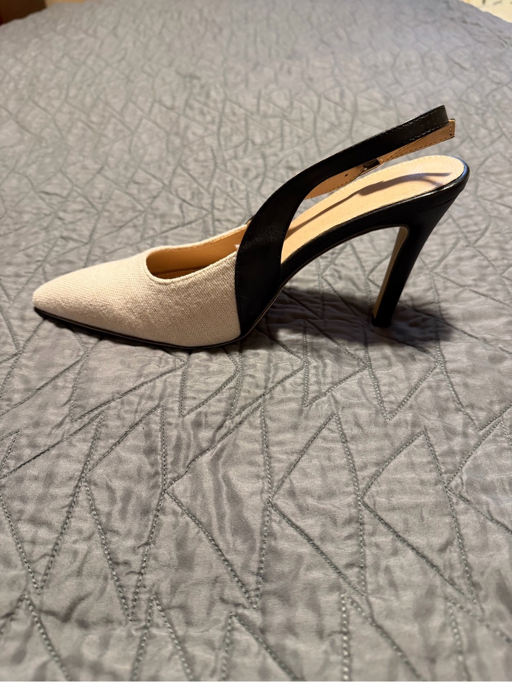 Beige and Black Pointed Slingback High Heel Pump
